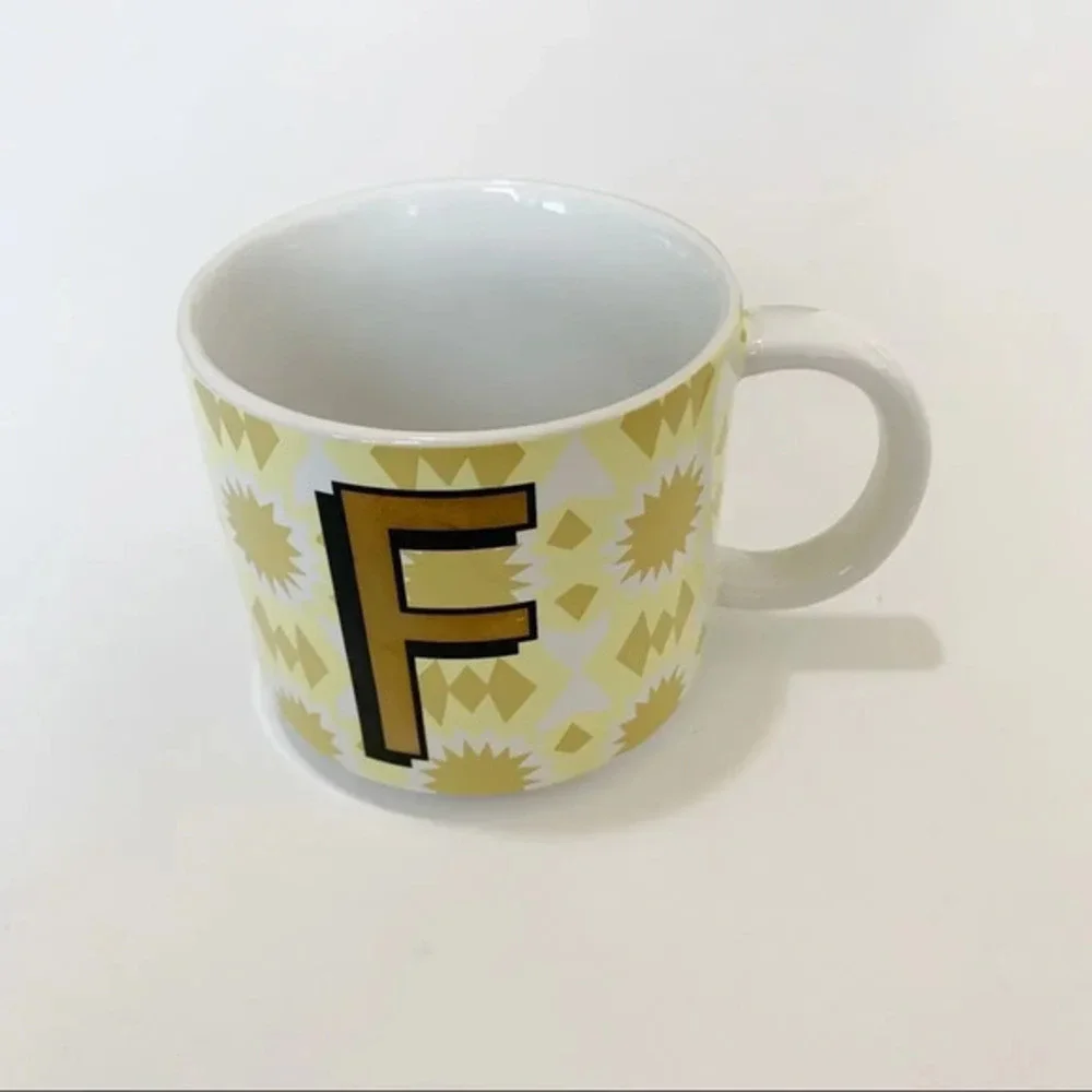 West Elm Initial Mug “F” Gold Yellow Aztec Print‎ Coffee Tea Ceramic Monogram